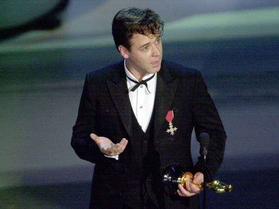 Russell Crowe Actor Russell Crowe reacts after winning the Oscar for best actor in a leading role for the film "Gladiator" during the 73rd annual Academy Awards in Los Angeles2001 Academy Awards, Los Angeles, USA