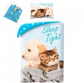 Povlečení Pejsek a koťátko Sleep tight v látkovém vaku bavlna 140x200 70x90