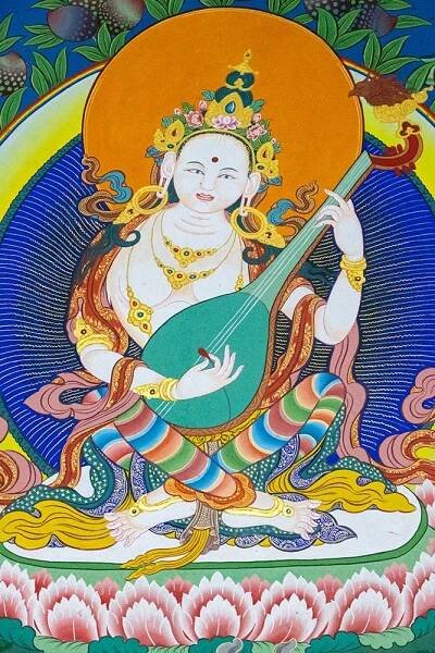 Obraz bohyně Saraswati v chrámu Dalai Lama, Namgyal Monastery, McLeod Ganj, Dharamshala