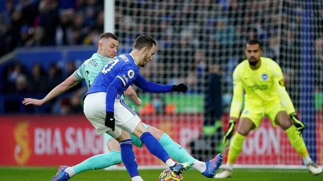 Leicester Citys James Maddison has an attempt on goal.
