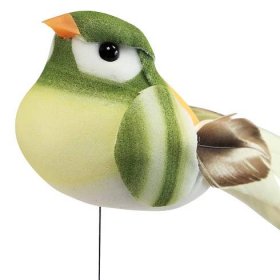 položky Ptáček z peří na drátě dekorativní ptáček s peřím zelený oranžový 4cm 12ks