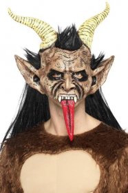 Maska s vlasy Čert Krampus s rohy a jazykem