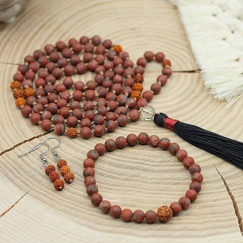 Japa Mala - set, ČERVENÝ JASPIS, RUDRAKSHA, KŘIŠŤÁL