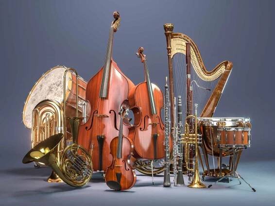 orchestrální hudební nástroje na šedém pozadí. 3d vykreslování - orchestry - stock snímky, obrázky a fotky