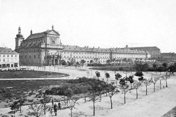 Praha, Karlovo náměstí, Kostel sv. Ignáce a nemocnice v roce 1867 | Za krásnější Vimperk