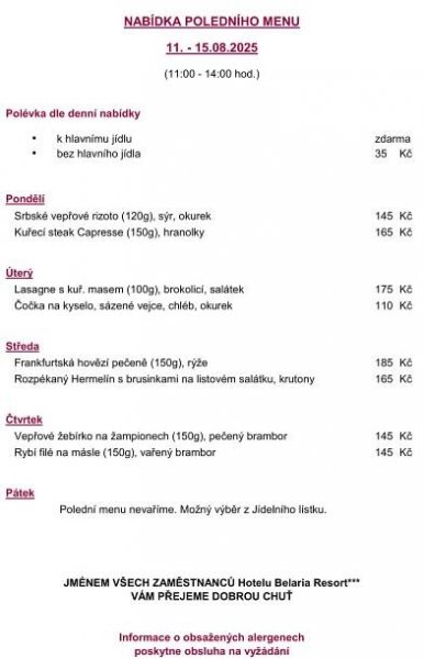 Polední menu 11. - 15.8.2025 - Aktuality | Hotel Belaria