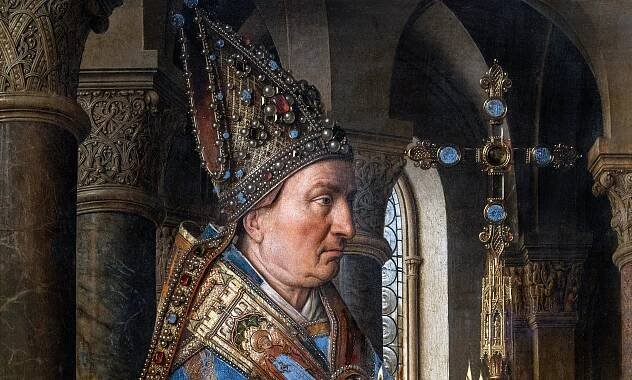 Saint Donatian (detail), Jan van Eyck, The Virgin and Child with Canon Joris van der Paele, 1436, oil on panel, 148 x 184 cm (Groeningemuseum, Bruges; photo: Steven Zucker, CC BY-NC-SA 2.0)