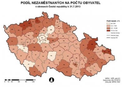 Podíl nezaměstnaných na počtu obyvatel v okresech ČR k 31.7.2013