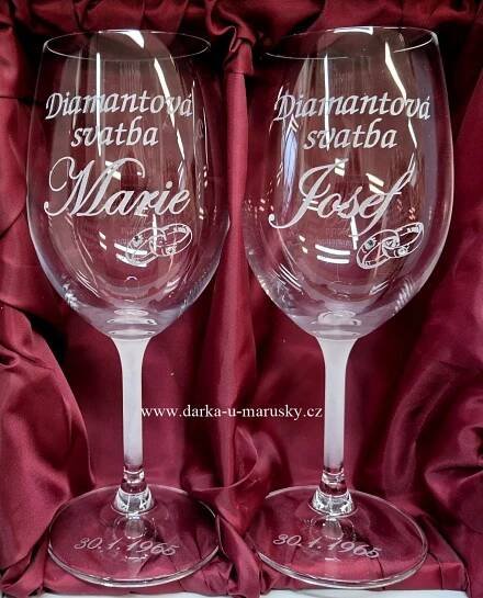 Skleničky na víno - 350ml - Diamantová svatba - Výročí sňatku -  ( DS ) + prstýnky s kamínky