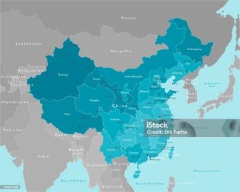 Vektorová moderní ilustrace. Zjednodušená geografická mapa Číny a nejbližších států na kontinentu. Modré pozadí moří. Názvy měst (Peking, Hongkong) a provincií - Bez autorských poplatků Mapa - Navigační zařízení vektorové obrázky