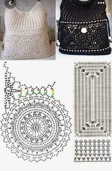 crocheted bags and purses are shown in three different pictures, one is black and the other white