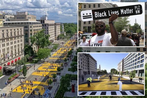 Black Lives Matter painted on the pavement of 16th Street near the White House, with people walking in the background during a protest over George Floyd's death