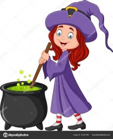Malá kreslená čarodějka připravuje lektvar