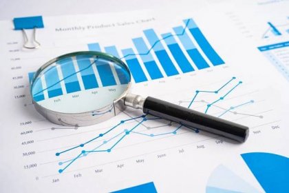 Magnifying glass on charts graphs paper financial development banking account