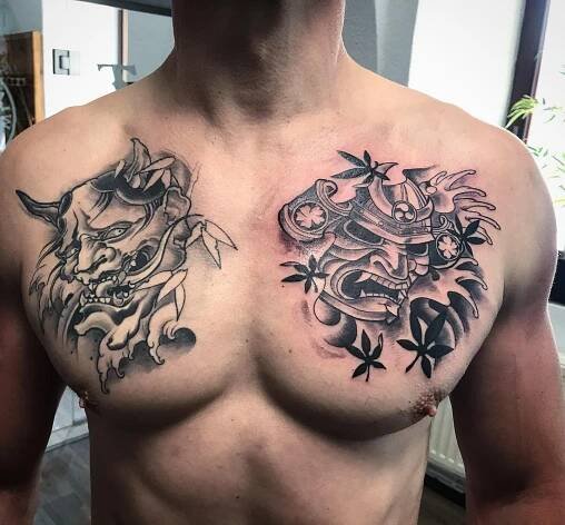 Tetování masky Hannya a samuraj na hrudník