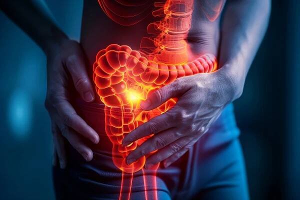 Illustration of a person holding their abdomen, with an overlay showing inflamed intestines.