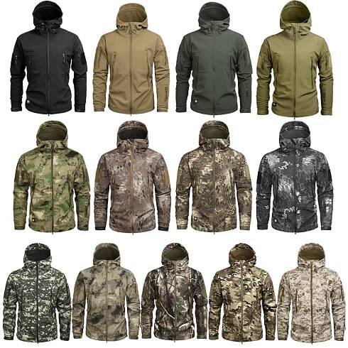 Kamuflážní vojenská pánská bunda s kapucí, žraločí kůže Softshell US Army taktický kabát, AT FG