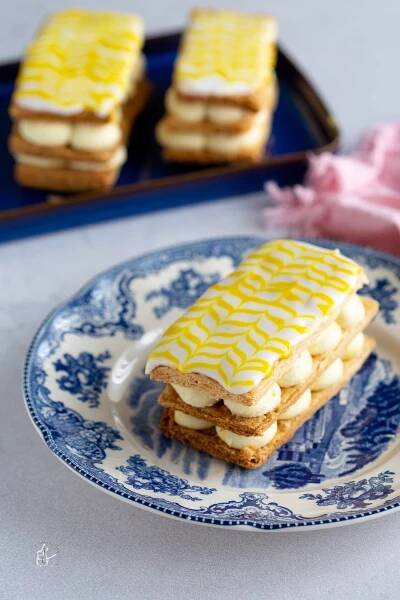 Eggless Mille Feuille with White Chocolate Saffron Yogurt Cream