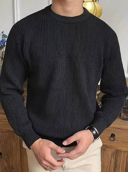 herren 100% acryl strickpullover - dicker 200g/m² casual streetwear pullover, einfarbig schwarz rundhals langarm, regular fit für herbst winter, übergrössen Produktdetails 14