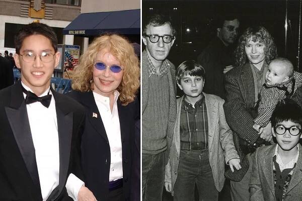Moses Farrow and Mia Farrow in 2002 (L), Moses Farrow (Bottom right) with Woody Allen and Mia Farrow in 1986