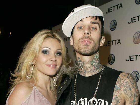Shanna Moakler and Travis Barker of Blink 182 during 2005 Volkswagen Jetta Premiere Party - Red Carpet at The Lot in West Hollywood, California, United States