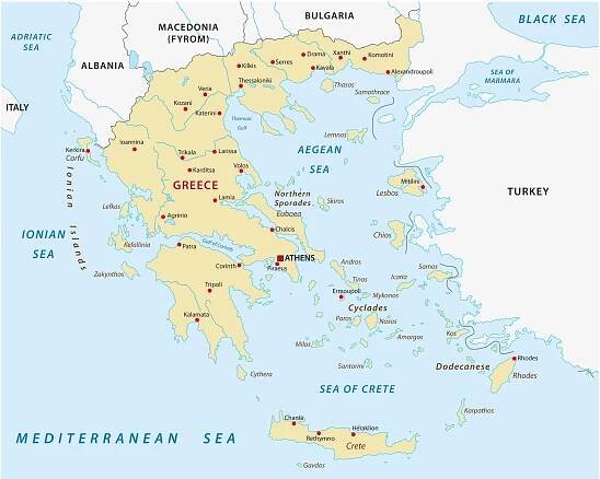 A map showing Greece and its surrounding countries with major cities marked, bordered by the Aegean Sea, Ionian Sea, and the Mediterranean Sea.