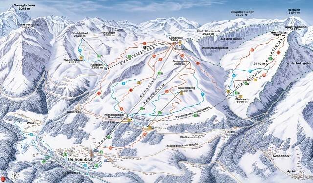 Heiligenblut - Grossglockner - lyžařská mapa, skimapa sjezdovek a lanovek, zimní panorama ski areálu