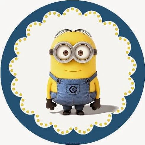 a minion with glasses and overalls standing in front of a blue circle