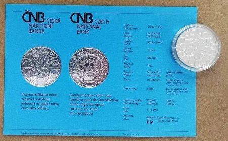 200 Kč 2001 Zavedení jednotné měny EURO v BK + Certifikát - Numismatika