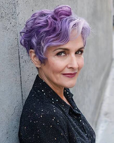 Purple wavy pixie cut with pastel and violet blend for creative women over 50