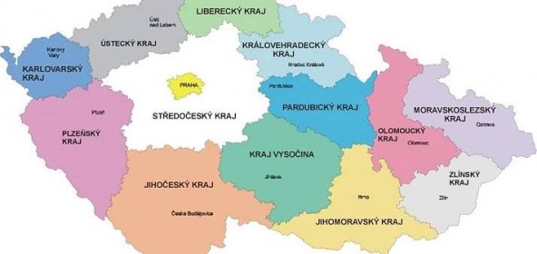 Mapa krajů ČR hranice názvy a města