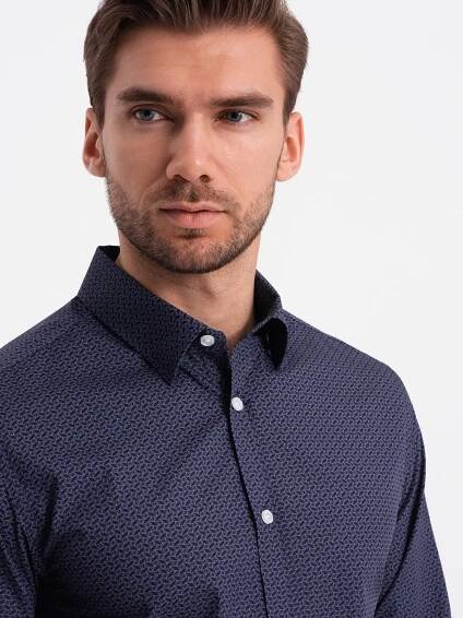Pánská bavlněná vzorovaná košile SLIM FIT - tmavě modrá V6 OM-SHCS-0151