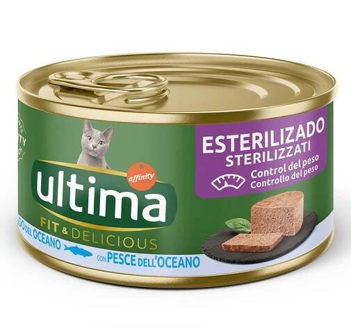 Ultima Fit & Delicious s kuřetem, mokré krmivo pro kastrované kočky. Balení 24 konzerv po 85 g. Kontrola hmotnosti a kuře jako hlavní složka.