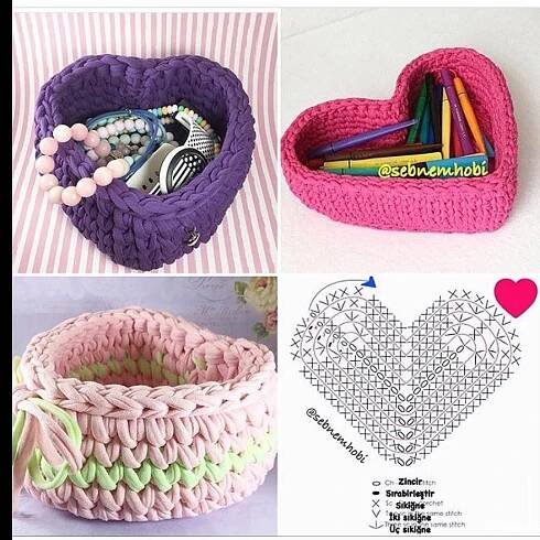 crochet patterns for heart shaped baskets and other items to make them look like they are made out of yarn