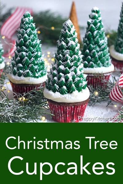 Rich, moist chocolate cupcakes from Preppy Kitchen are topped with easy to make, and quite festive, Christmas trees made from ice cream cones, some buttercream and a dusting of powdered sugar for snow! #christmastreecupcakes #holidaycupcakes #bestcupcakes