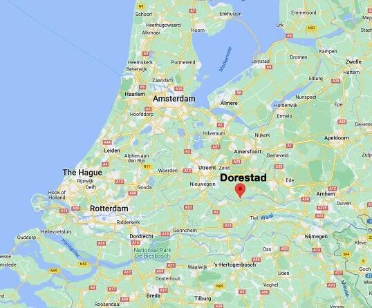A colorful map of the Netherlands with a red pin on Dorestad. The map shows the country’s borders, roads, and waterways. The map also labels the major cities of the Netherlands, such as Amsterdam, Rotterdam, and Utrecht.