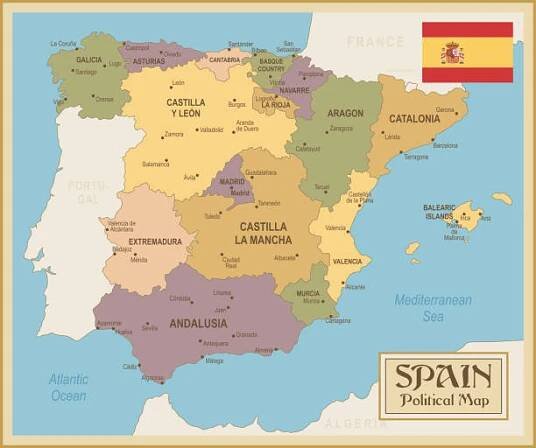 vintage mapa španělska - ilustrace - malaga stock ilustrace