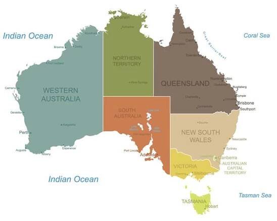 Mapa Austrálie – Státy a města