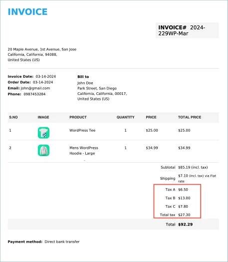 Sample invoice with tax added to the summary table