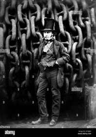 Isambard Kingdom Brunel. Portrait entitled 'Isambard Kingdom Brunel Standing Before the Launching Chains of the Great Eastern'  by Robert Howlett, 1857. Brunel (1806-1859) was the most celebrated civil engineer of the nineteenth century. Stock Photo