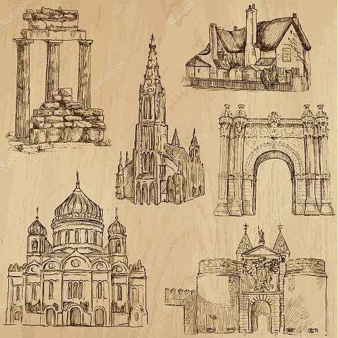 Stáhnout - Místa a architektura ve světě (nastavit č.10) - kolekce ručně kreslenou ilustrací (originály, žádné sledování). každý výkres se skládá ze dvou vrstev obrysy, barevné pozadí je izolován. — Ilustrace