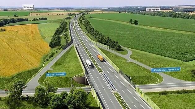 Dálniční sjezdy a nájezdy opatřené závorou budou moci u Litomyšle využívat pouze vozidla střediska správy a údržby dálnice. Vizualizace nadjezdu dálnice D35 se silnicí II/358 mezi Litomyšlí a Českou Třebovou.