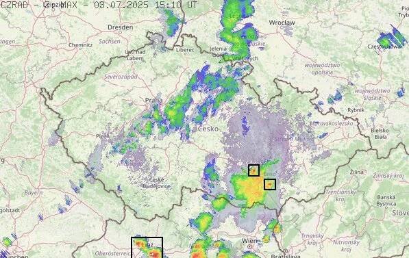 Radarový snímek ČR s kroupy - 03.07.2025 17:10