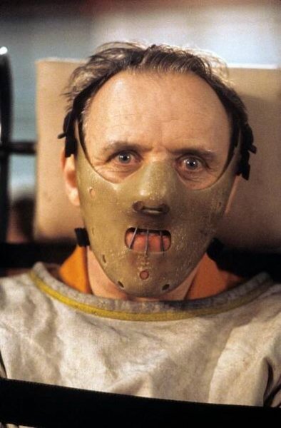 Anthony Hopkins wearing a straitjacket and a Hannibal Lecter mask in "The Silence of the Lambs"