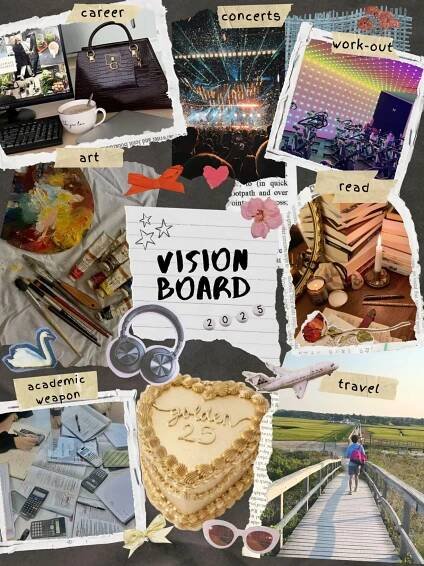 a collage of photos with the words vision board written on them and various objects