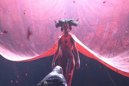 Red demon lady with horns, a visible beating heart, and a huge red cape stood behind a kneeling person. AKA Lilith in Diablo IV / 4