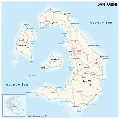 Vektorová mapa souostroví Santorini v jižním Egejském moři, Řecko — Ilustrace
