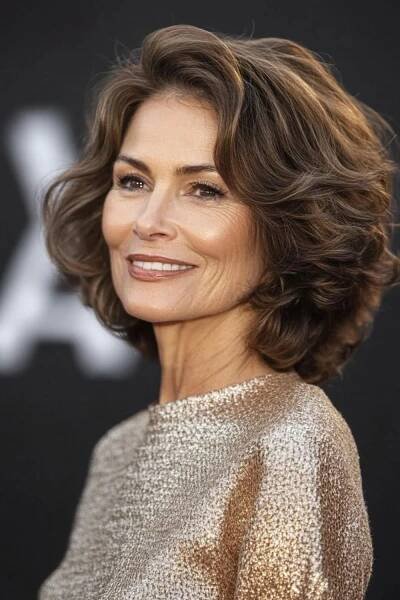 Rounded bronze bob with warm glow.