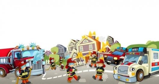 Kreslený obrázek s hasiči a jejich aut při práci zhasili oheň a ambulance - prostor pro text - ilustrace pro děti — Stock obrázek