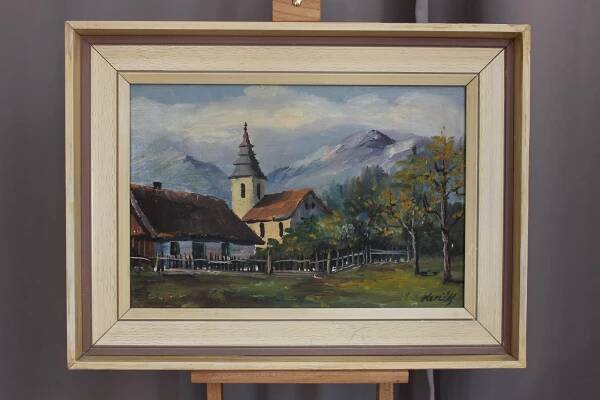 KOSTEL U LIPT. MIKULÁŠE - JOSEF HERČÍK (22.3.1922 - 9.7.1999) OLEJ.